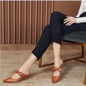 FOWT Nude Burnished Pointed Toe Slip On Mules with Bow Dress Sandals